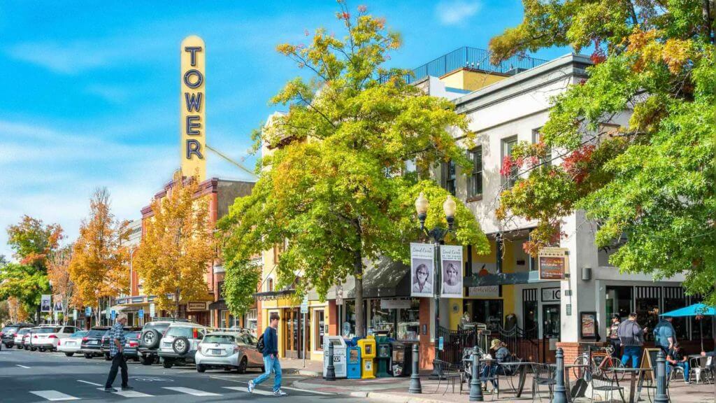 lively, bustling, small downtown area