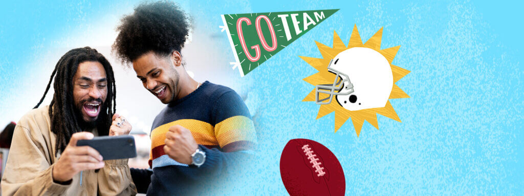 Two men are looking excitedly at the phone help by the man on the left. They appear to be cheering at the image or video they're watching. Around the men are football-themed illustrations