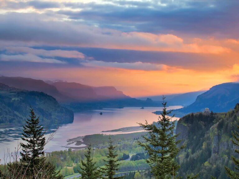 A scenic view of the Columbia River looking east past Crown Point